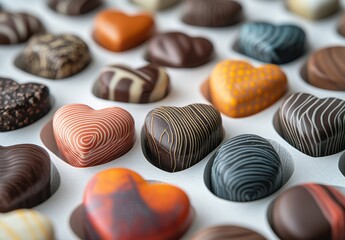 Obraz premium Assorted Gourmet Chocolate Hearts in Elegant Box Displaying a Variety of Unique Designs and Colors for Celebrations and Special Occasions