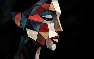 Abstract portrait of a woman composed of colorful geometric shapes against a dark background.