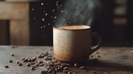 Coffee steam rising from a vintage ceramic mug surrounded by roasted coffee beans
