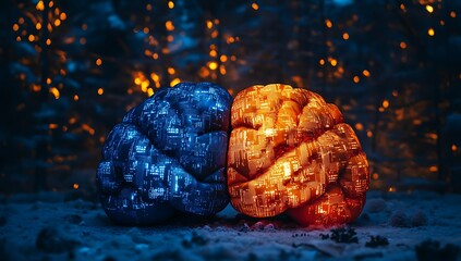 Two interconnected brains, one blue and one orange, set against a dark, illuminated background.