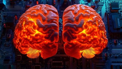 A stylized depiction of a brain illuminated with orange hues, set against a tech background.