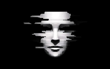 A stylized, glitch-effect face emerging from a black background, conveying a sense of distortion.