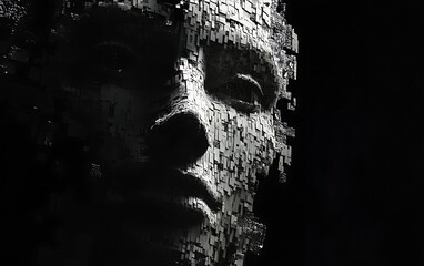 A fragmented face emerging from darkness, symbolizing digital transformation and identity.