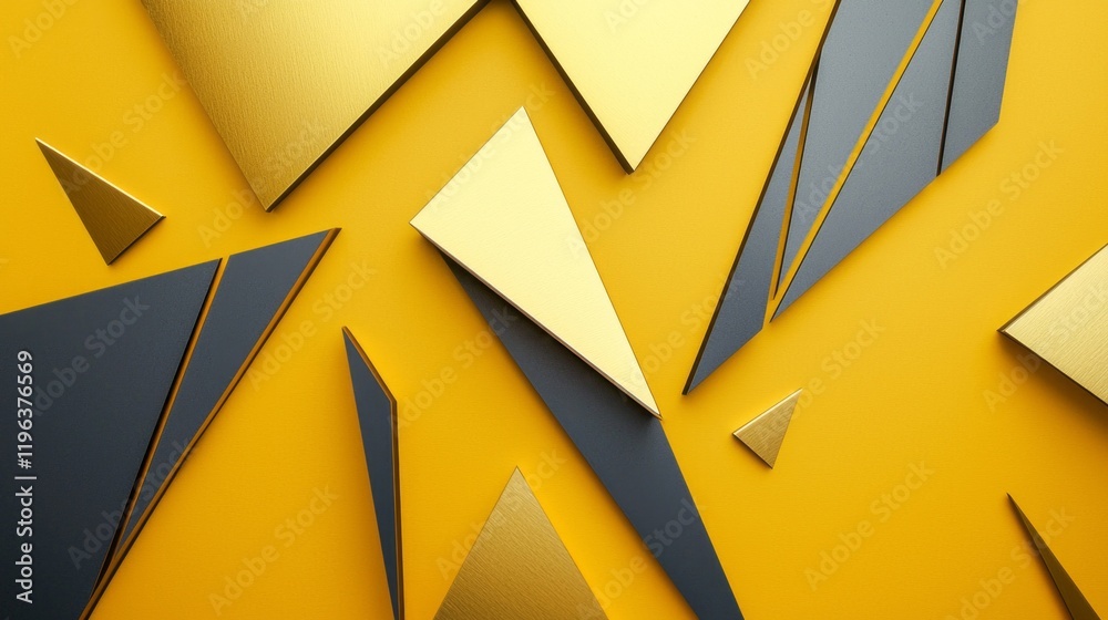 Poster intricate arrangements of sharp angles and vibrant golden surfaces interact harmoniously against a b
