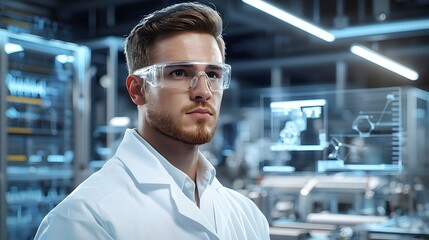Fototapeta premium A male technician works in a futuristic factory, enhancing machinery to optimize manufacturing efficiency. The space is sleek, filled with machinery under controlled lighting.