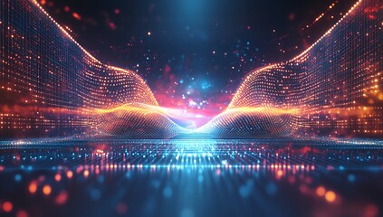 A vibrant digital landscape with flowing data streams and glowing particles.