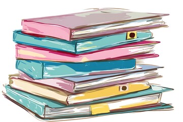 Pastel-Colored Sketch Style Stack of Notebooks and Binders