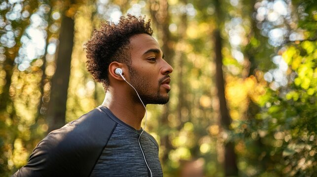 A man jogging through a forest trail, wearing earbuds and listening to music as he runs.