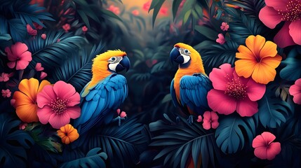 Fototapeta premium A colorful rainforest campaign illustration featuring diverse flora and fauna interacting in a vibrant scene