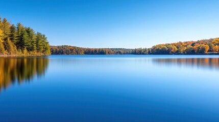 Serene lake surrounded by autumn foliage under a clear blue sky.