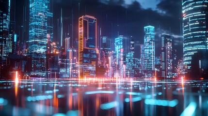 A diagram of an optimized information flow in a big data network, showing the interaction between particles and nodes. Glowing lines represent data traveling through the system.