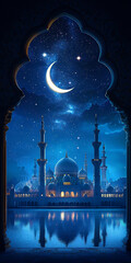 Illuminated mosque with crescent moon and starry sky reflected in water. Night view through an arched doorway. Islamic architecture and spirituality concept