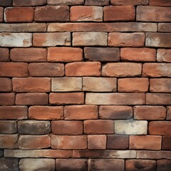 Fototapeta premium Rustic red and brown brick wall with rough surfaces and weathered details. Architectural background for construction and design projects