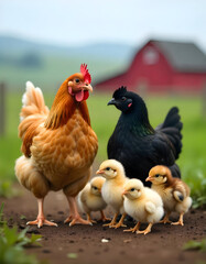 Fototapeta premium Farm Scene with Mother Hens and Their Fluffy Chicks in a Rustic Setting