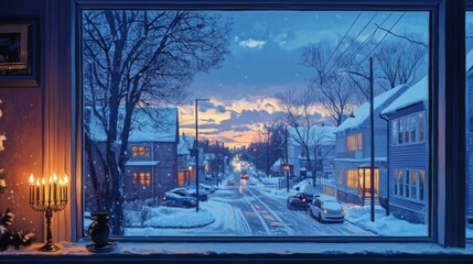 Fototapeta premium Cozy Hanukkah evening scene with a menorah glowing on a windowsill overlooking snowy streets