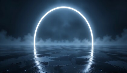 Futuristic Neon Glowing Arc Gateway over Dark Reflective Wet Ground, Sci-Fi Background