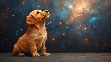 A soft watercolor painting of a puppy gazing up at the stars, evoking a sense of wonder and innocence