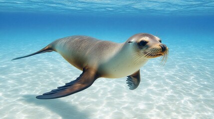 Obraz premium Underwater shot of a young sea lion swimming in clear water.