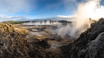 Panoramic view of geothermal area with steam vents, geysers, and rocky landscape under a bright sky.