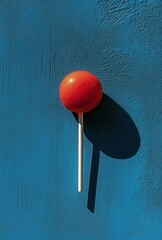 Bright Red Lollipop Sticking Out Against Vibrant Blue Wall, Showcasing Playful Contrast and Simple Beauty of Candy Treats in Minimalist Composition