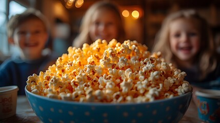 A playful papercut design of popcorn spilling over a table during a family gathering, evoking warmth and laughter