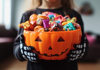 Child in black outfit holding a bright orange Halloween candy bowl filled with colorful treats, showcasing festive joy and excitement during the Halloween season.