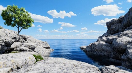 Serene coastal landscape with rocks, water, and a tree under clouds.