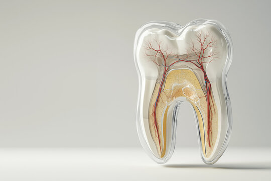 3D cross-sectional illustration of a human tooth showing detailed anatomy. Highlights enamel, dentin, pulp with blood vessels and nerves, and root canal structure medical, dental, or education