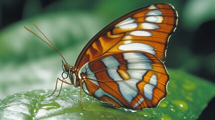 Close-up of a vibrant butterfly with orange, white, and brown wings perched on a green leaf.