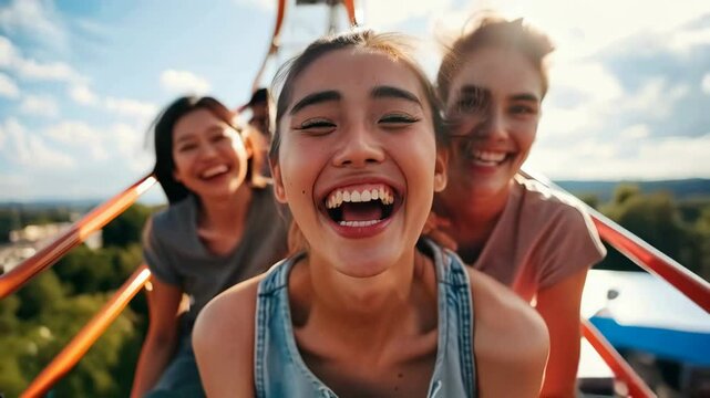 Two happy women and one child riding roller coaster in amusement park