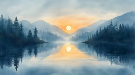 A soft watercolor of a sunrise over a pristine lake, evoking tranquility and reflection
