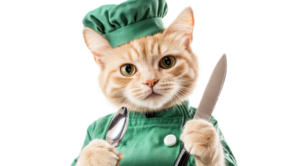 Charming Orange Cat in Chef Outfit Holding Spoon and Knife Ready to Cook Delicious Meals in a Bright Kitchen Setting