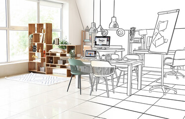 Interior of office with graphic designer's workplaces