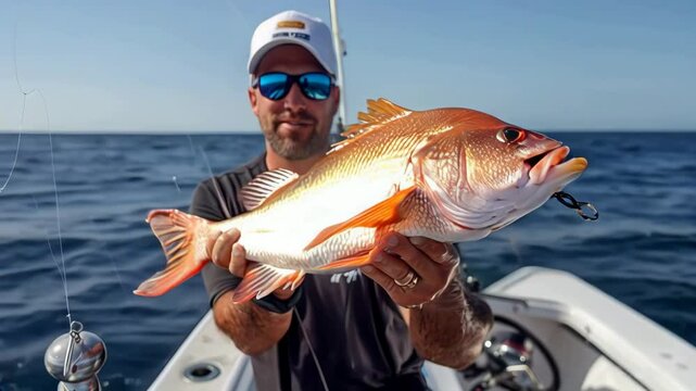 An orange red snapper being held by the caucasian male fisherman wearing black pants