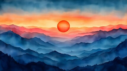 Fototapeta premium A watercolor scene of a sun rising and setting over a distant mountain range, reflecting the cycle of time