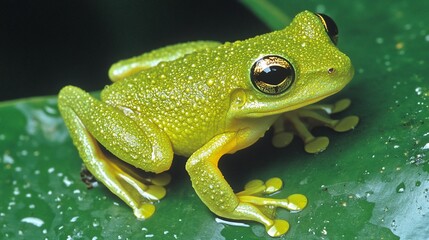 Obraz premium Vibrant green tree frog perched on a dewy leaf.