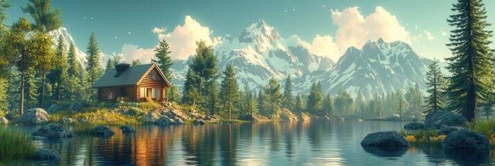 Low Poly Mountain Retreat, a cozy cabin nestled among towering pines by a serene lake, inviting tranquility and rustic charm.
