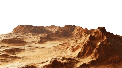 A Martian terrain with a large volcanic plateau and surrounding rugged plains, isolated on white