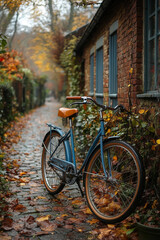 Fototapeta premium Vintage Bicycle Parked On An Autumnal Cobblestone Path