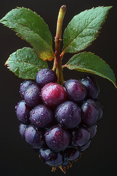 Dew Covered Blackberry Cluster With Green Leaves