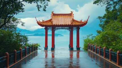 Obraz premium Serene Vista: A Chinese Pavilion Overlooking a Misty Lake