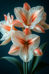 Obraz premium Three Peach And White Amaryllis Flowers Bloom Beautifully