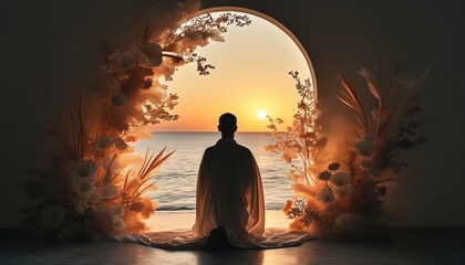 Meditative sunrise at scenic seaside with copy space