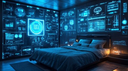 Futuristic Smart Bedroom Interior with Holographic Data Walls and Modern Bed