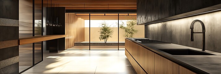 A clean contemporary kitchen layout with a focus on minimalism and natural light