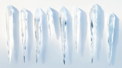A collection of elongated icicles with varying levels of transparency, glowing faintly as if lit from within, on white