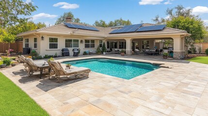 Luxury home backyard with pool, patio, and solar panels.