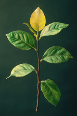 A single sprig showcases vibrant green leaves and one yellow leaf