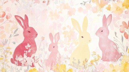 Obraz premium Easter background with bunny silhouettes outlined against pastel floral patterns