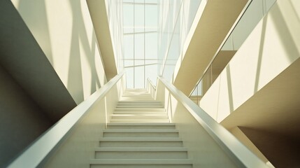 Fototapeta premium Modern white staircase ascending towards a bright skylight in a minimalist building.